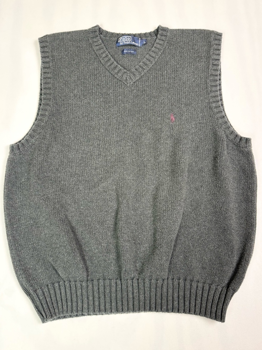 Polo Ralph Lauren Men’s Cotton Knit V Neck Sweater Vest Gray Burgundy Pony Large